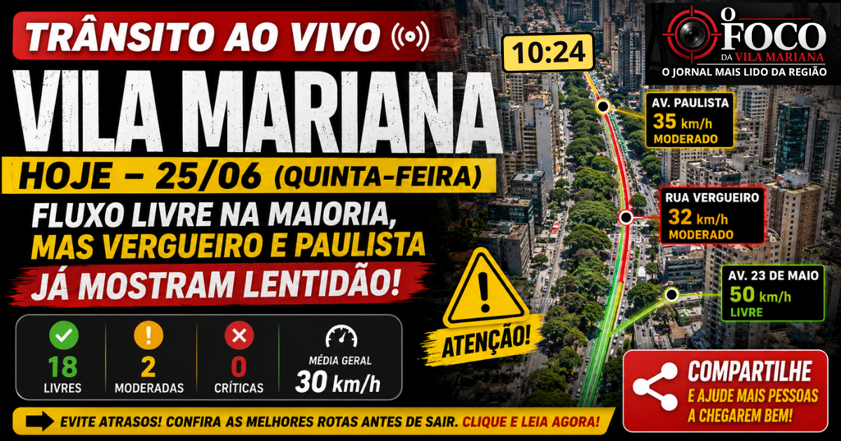 🚇 TRÂNSITO AO VIVO (25/06): Vila Mariana tem fluxo livre, mas Vergueiro e Paulista já travam; veja antes de sair